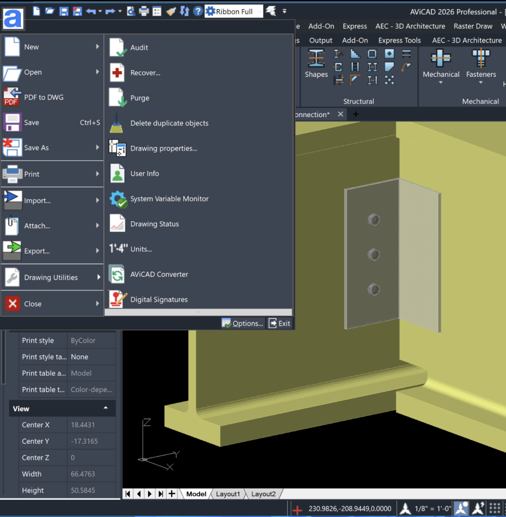 AViCAD interface with the application menu open over a 3D steel beam connection