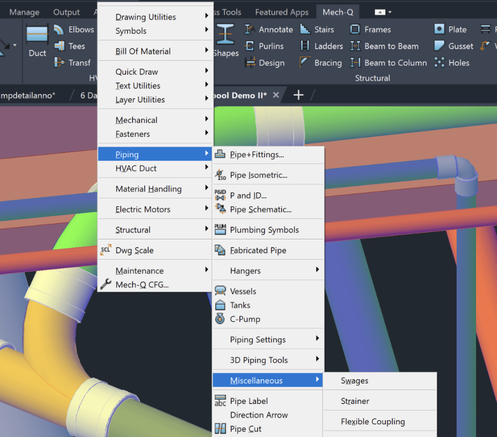 Mech-Q menus with the Piping submenu open over a 3D piping model