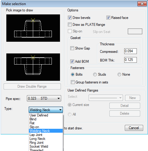 flange dialog - choose settings to create a flange