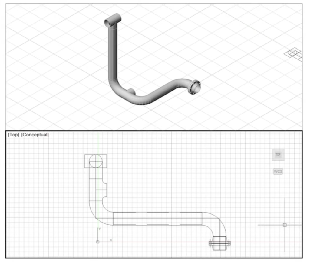 3D piping spool with tees, elbows and a flange, shown in an isometric view and a top view