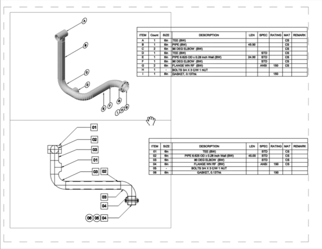 Finished piping spool drawing with balloon callouts and two bill of materials tables