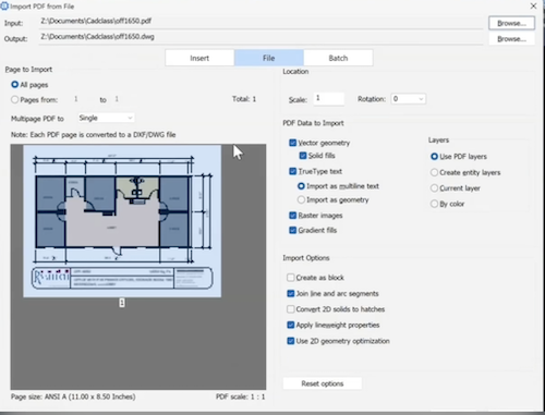 PDF to CAD conversion dialog in AViCAD