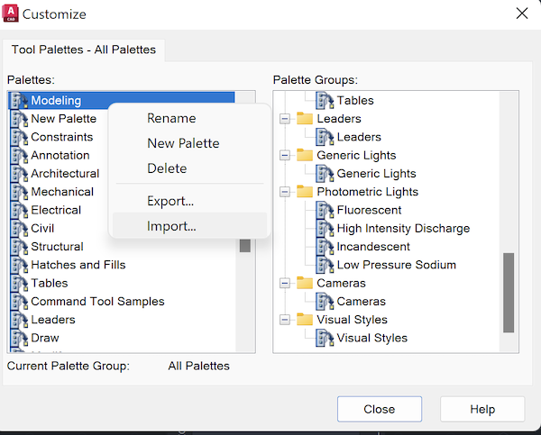 CAD tool palette customization dialog